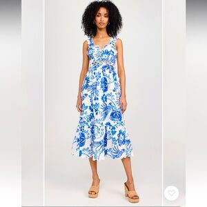 FARM Rio Flowerful Birds Off-White Sleeveless Midi Dress